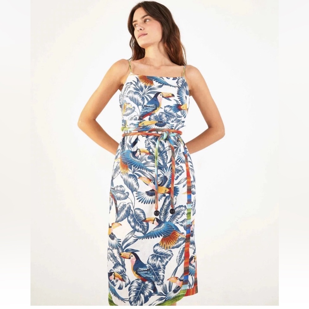 Farm Rio Flying Toucans Open Back Linen Midi Wrap Dress